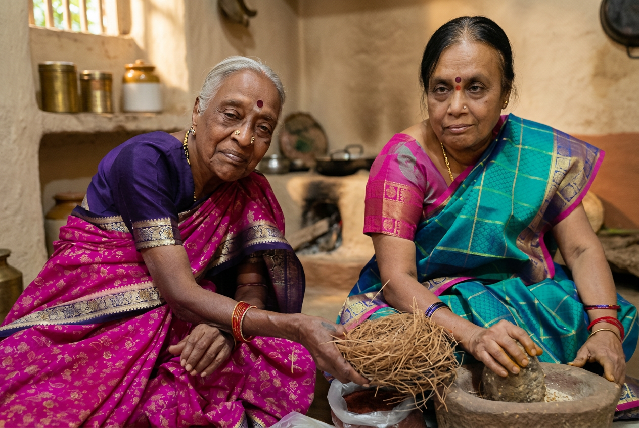 Two grandmothers grinding spices on a traditional stone in a warm Indian kitchen